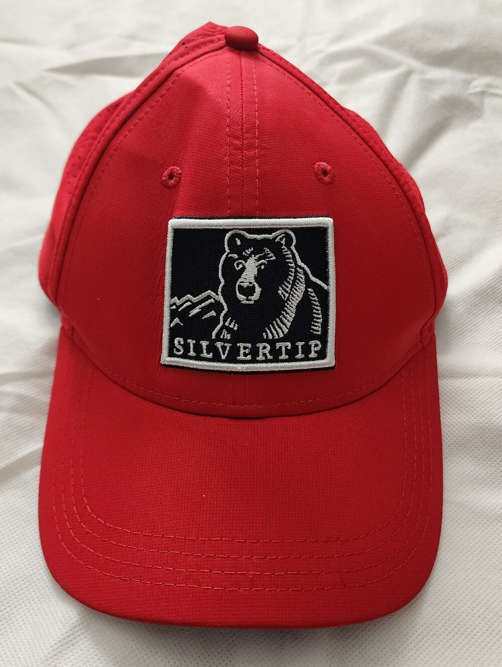 New Era Red Golf Cap with Black & White Patch Silvertip Bear